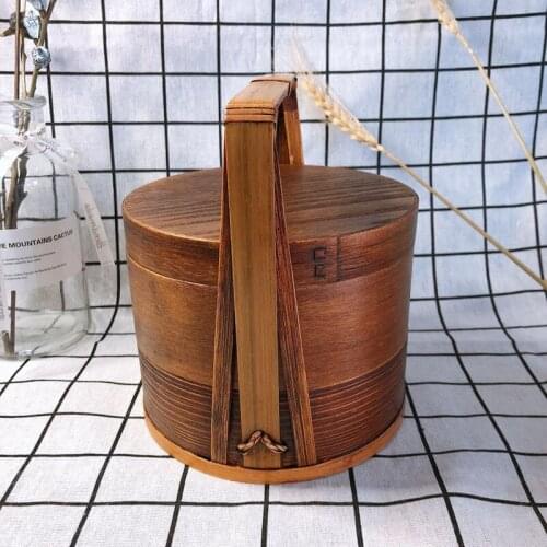 Japanese-style portable lunch box solid wood and wind picnic lunch box retro wooden antique Double-layer sushi lunch box