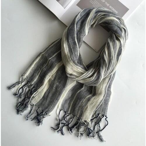 Japanese Style navy Bufandas Mens Scarf Fashion Brand Striped Scarf Spring Autumn Warm Soft Shawls 100% Linen Tassel Scarves