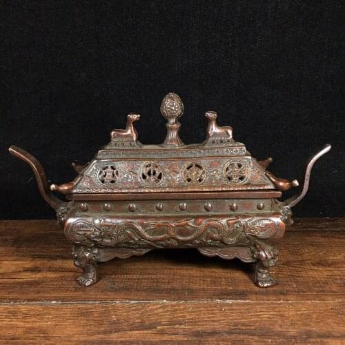 9" Tibet Buddhism Old Bronze Cinnabar Four-legged incense burner Sheep statue Binaural incense Town House Exorcism