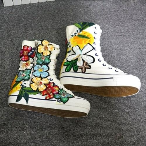 Tide brand custom handmade sequins three-dimensional flowers high shoes spring and autumn flat canvas shoes casual shoes