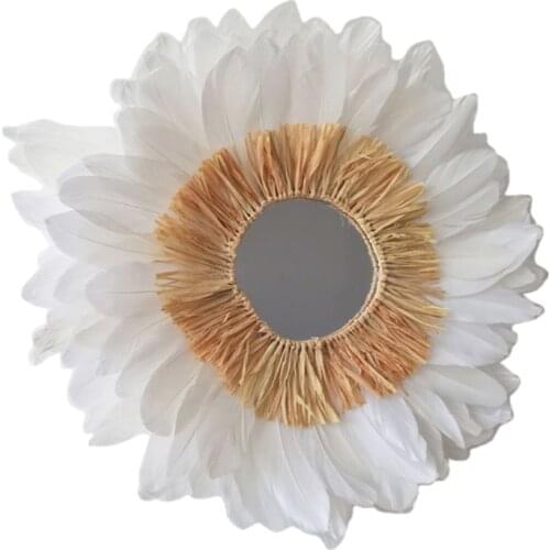 W3JE Hanging Wall Mirror with Feather Fringe Round Nordic Boho Ornament for Apartment Living Room Bedroom Baby Nursery