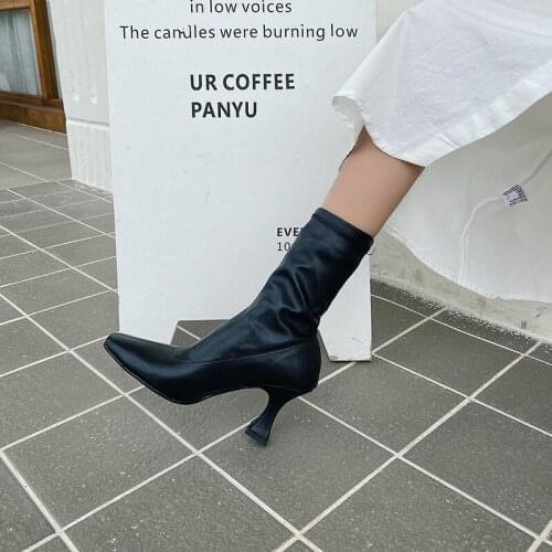 Women Sock Boots 2020 New Arrivals Stretch Boots for Women Square Toe High Heels Soft Leather Slip On Pumps Boots Autumn Boots