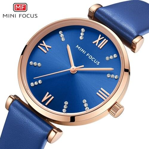 MINIFOCUS Simple Elegant Women Quartz Watches Top Brand Luxury Blue Leather Strap Crystal Decoration Relogio Feminino Waterproof