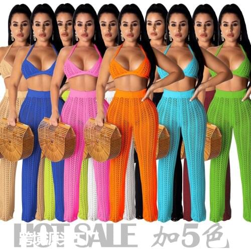 Fishnet Hollow Out Women 2 Piece Set See Through Halter Bra + High Waist Wide Leg Pants Matching Set 2021 Summer Beach Outfits