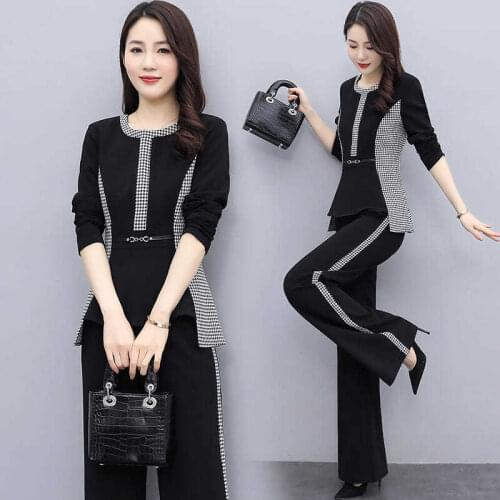 2021 Ladies Long Sleeve Two Pieces Sets Women Fashion Patchwork Outfits Female Spring Autumn Sets O-Neck Suits Streetwear H1038