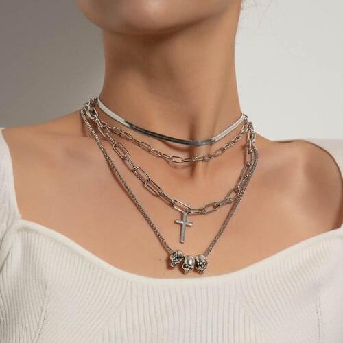 Punk Exaggerated Thick Chain Cross Skull Pendant Necklace for Women Multilayer Vintage Geometric Necklace Colar Jewelry Gift