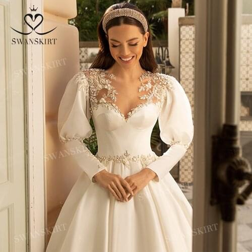 Chic Beaded Wedding Dress Beach 2020 New Long Sleeve Satin A-Line Vestido De Novia Princess SwanSarah L111 Plus Size Bridal Gown