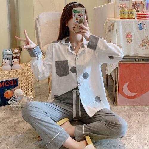 2021 Spring Autumn Long Sleeve Cotton Pajama Sets for Women Polka Dot Print Sleepwear Suit Pyjamas Homewear Pijama Mujer Clothes