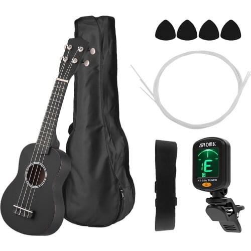 21 Inches Acoustic Soprano Ukulele Ukelele Uke Kit Basswood with Carry Bag Uke Strap Strings Guitar Picks Tuner Black Ukelele