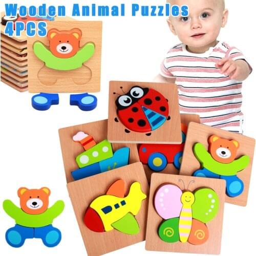 4 Pcs Wooden Animal Jigsaw Puzzles Toddlers Educational Toys Gift Vibrant Color Shapes New Design