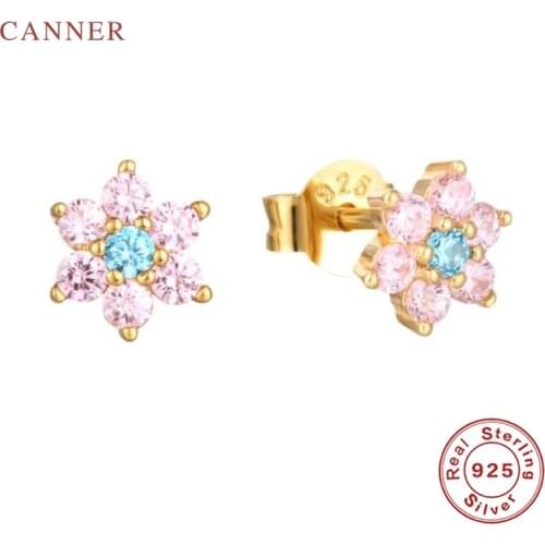 CANNER Wild Purple Lotus Earrings For Women 100% Real 925 Sterling Silver Piercing Stud Earrings Korean Fine Jewelry Pendientes