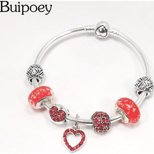 Buipoey Red Heart Charm Bracelets For Women Beaded Silver Color Bangle Jewelry
