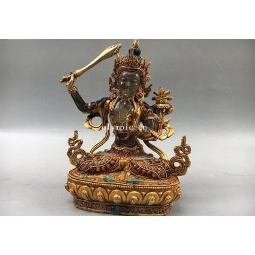 9'' Nepal Bronze Gold Crystal inlay coral turquoise hold sword Manjusri Guanyin