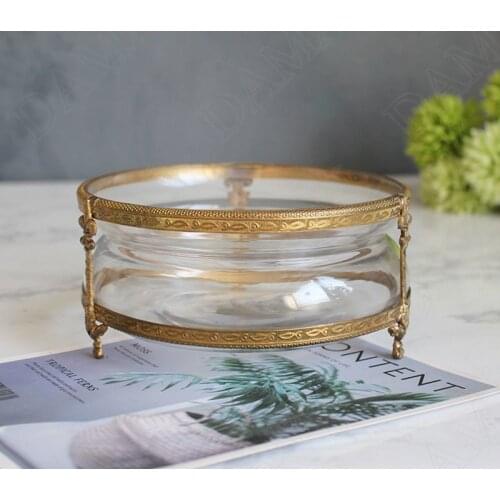 Creativity Glass Storage Tray Retro Copper Frame Cosmetic Container Living Room Dried Fruit Organizer European Home Decoration