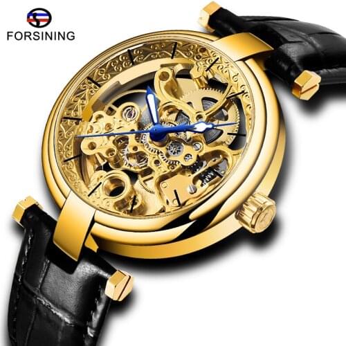 Fashion Forsining Golden Dial Mechanical Watch Mens Automatic Self-wind Watch Top Brand Black Leather Luminous Hands Clock