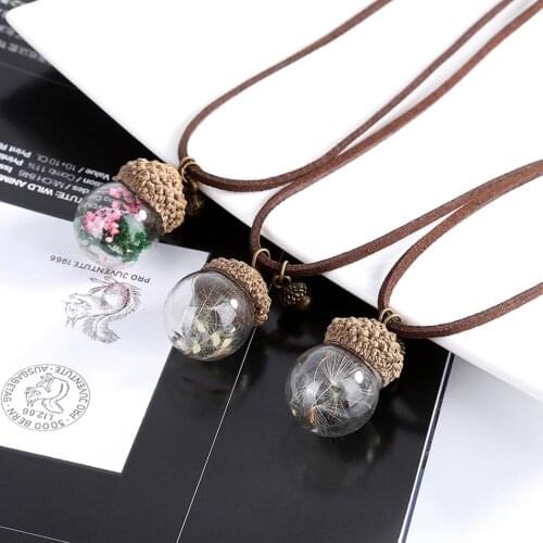 Natural Plants Drop Pendant Necklace Fake Pine Cone Dandelion Necklace Rope Charm Necklace Clear Glass Ball Necklace