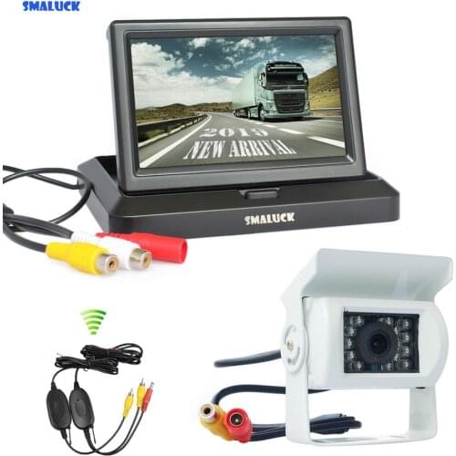 SMALUCK Wireless 5" Foldable Car Monitor Waterproof IR Night Vision CCD Rear View Car Camera for Truck Caravan Bus Van White