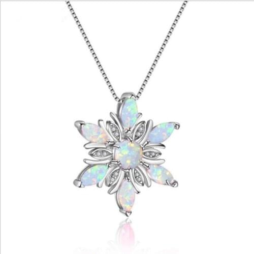 Trendy Silver Plated Snowflake Pendant Link Chain Necklace 5 Colors Opalite Opal for Christmas Gift Jewelry