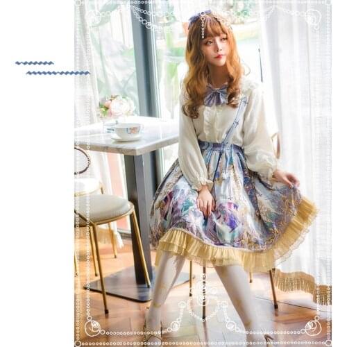 Japanese student sweet lolita dress vintage falbala bowknot high waist cute printing victorian dress kawaii girl gothic lolita