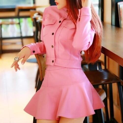 2021 New Womens Faux Pu Leather Jacket Solid Loose Leather Coat Female Motorcycle Jackets +Punk Streetwear Mini Skirt Suit D12