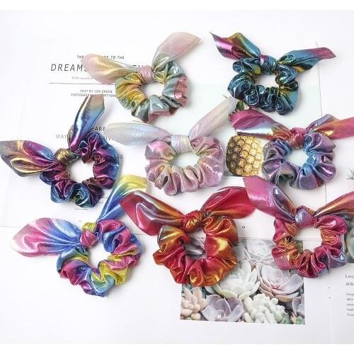 Shiny Laser Fabric Elastic Hair Band Cute Knotting Rabbit Ear Hair Ring Women Ponytail Holders Rubber Bands Hair Accessories