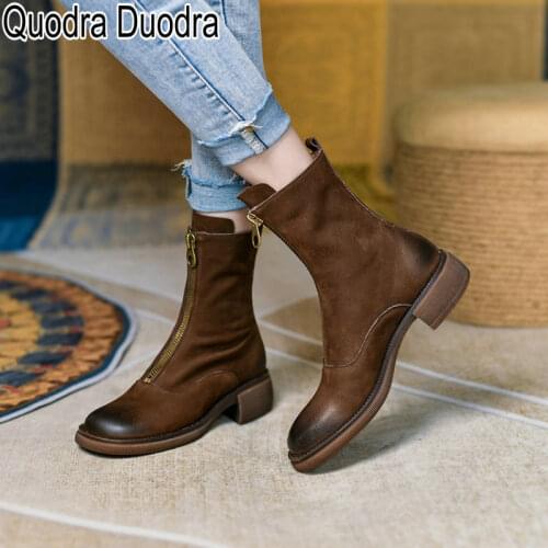 Ankle Boots new Winter Autumn Shoes Women Solid Thick High Heel Round Toe Casual Chunky Zippers Genuine Leather Ladies Mujer Ins