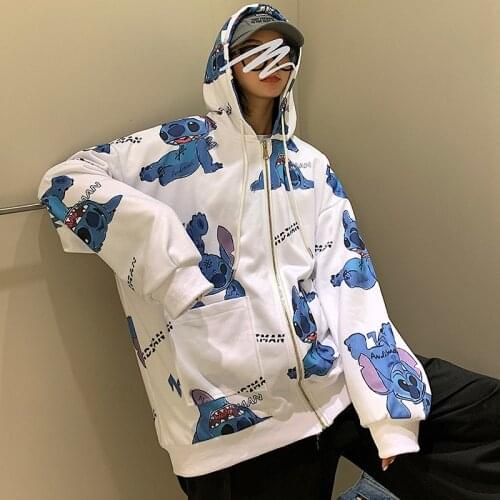 Hoodies Women Disney Cute Stitch Co-branded Pocket Zipper Cap Hoodies Hip Hop Streetwear Korean Pop Female Coat Hooded Tracksuit