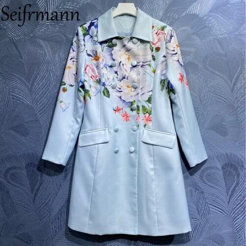 Seifrmann New 2021 Autumn Women Fashion Runway Trench Coat Long Sleeve Double Breasted Print Fake Pocket Patchwork Coat Overcoat