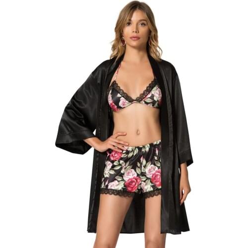 Womens Pattern Pcs Set Satin Sabahlıklı Shorts Suit