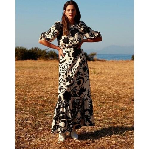 Women Black Floral Printed Long Ruffled Skirt Blouse Two Piece Set Spring Summer Beach Holiday Casual Bohemian Style 2021 New