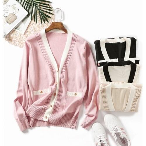 2021 Women Sweater Cardigan Autumn Winter Contrast Stripe Single Breasted V Neck Knitted Coat Korean Style Oversized Knitwears