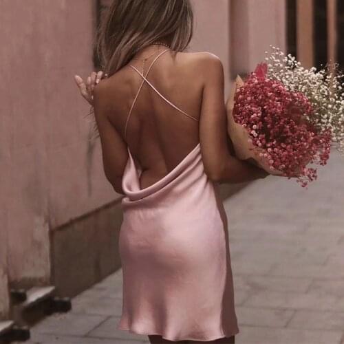 MosiMolly 2021 Summer Satin Dress Women Party Club Backless Mini Dress Female Vestidos