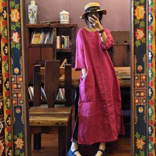 Women Linen Dress Solid Color Button O-Neck Seven Sleeve 2021 Summer New Vintage Women Loose Robes High Quality Dress MT11