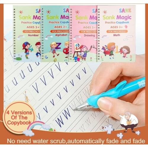 4 Books Reusable 3D Calligraphy Copybook For Toys Children Kids Handwriting Practice English Number Lettering Magic Copybook