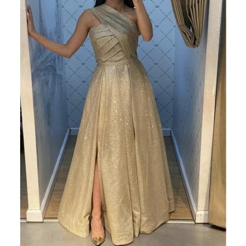 Shining Prom Dresses A-Line One Shoulder Sweep Train Side Slit Sequins Prom Dresses Zipper Back vestidos de fiesta de noche