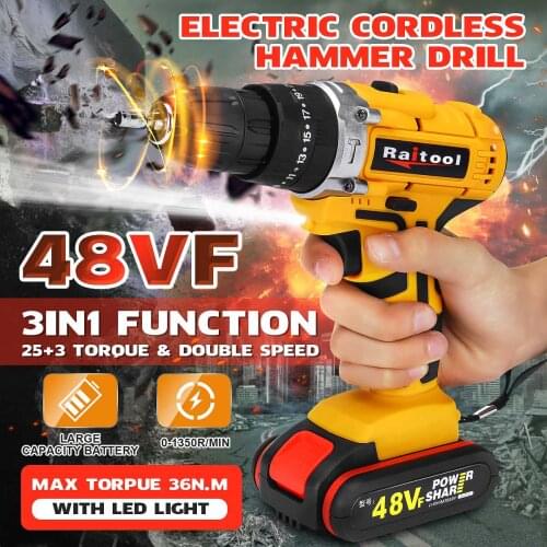 Raitool 48VF Electric Drill Cordless Drill Electric Screwdriver Wireless Power Driver Rechargeable Lithium-Ion Battery Drill