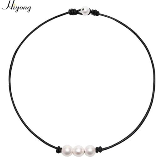 HIYONG New Fashion White 3 Cultured Freshwater Pearls Choker Necklace on Genuine Leather Cord Knotted Necklace Handmade Jewelry