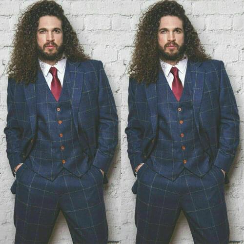 Classic Plaid Mens Suits Two Button Peaked Lapel Groom Wear Wedding Tuxedos Formal Prom Best Man Blazer Suit (Jacket+Pants)