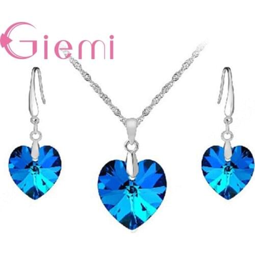 Charm Blue Heart Jewelry Set Real 925 Sterling Silver Pendant Necklace Hoop Earring Exquisite Fashion Wedding Party Promotion
