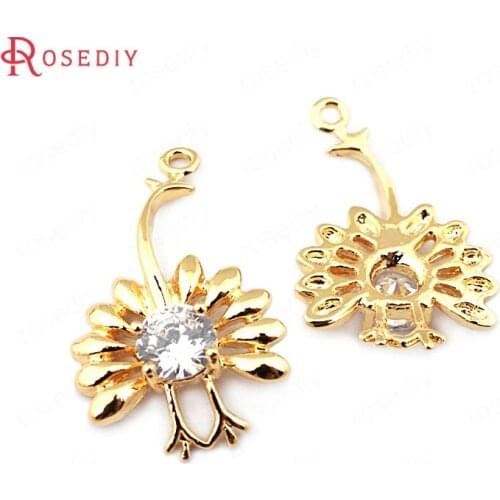 33693)6PCS 24*15MM 24K Gold Color Brass with Zircon Peacock Charms Pendants High Quality Diy Jewelry Findings Accessories