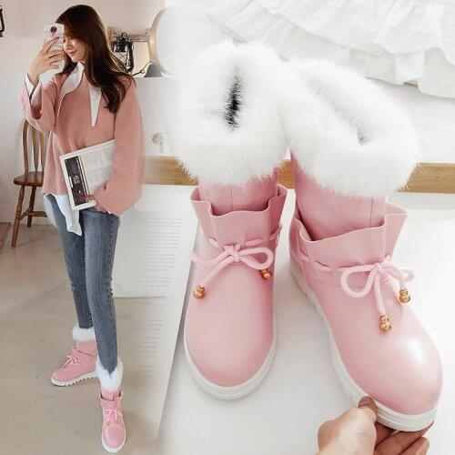 YQBTDL Sweet Fur Ankle Shorty Boots for Womens Winter 2021 Cross-tied Knot Pink Black White Party Princess Shoes Drop Shipping