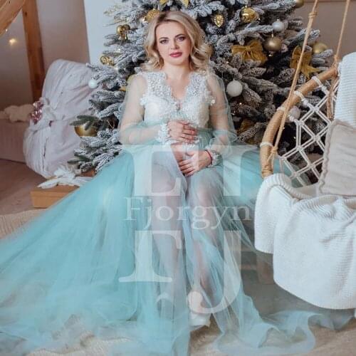 Mint Sheer Tulle Party Dresses Maternity Gown for Photo Shoot Custom Made V-Neck Long Sleeve Lace Top Split Front Womens Dress