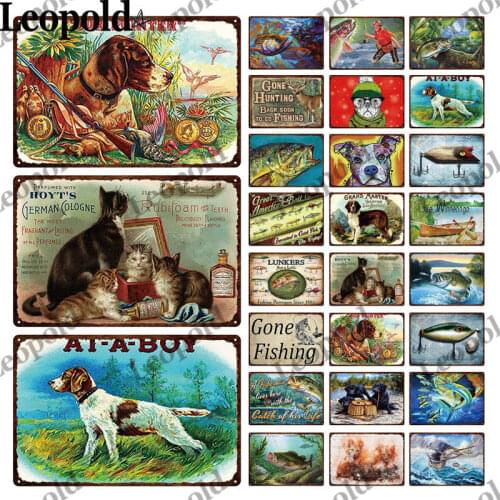 Animal Combination Metal Plaque Sign Cat Fishing and Dog Pictures On Grass Modern Wall Art Decoration Metal Painting Home De
