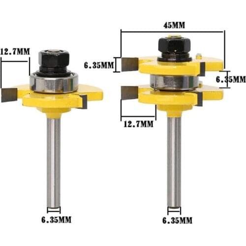 2Pcs 6.35mm Shank Joint Assembly Router Bit Set 1 / 4 Stock Wood Cutting Tool Anti-Kickback Design Woodworking Milling Cutter