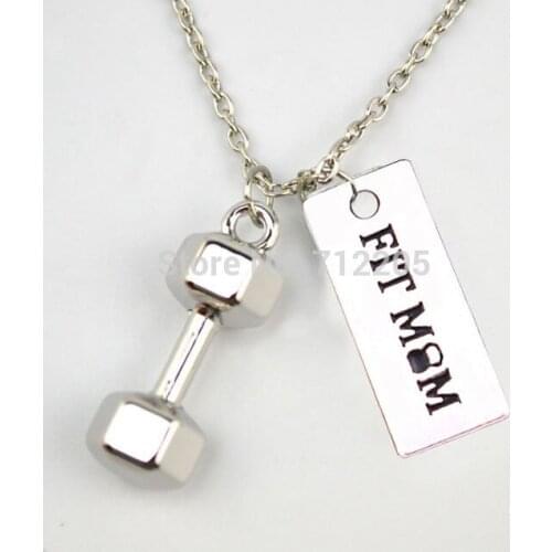New Arrival Fitness Weightlifting jewelry 10pcs Large Dumbbell barbell with FIT MOM Kettle bell Gym sports necklaces