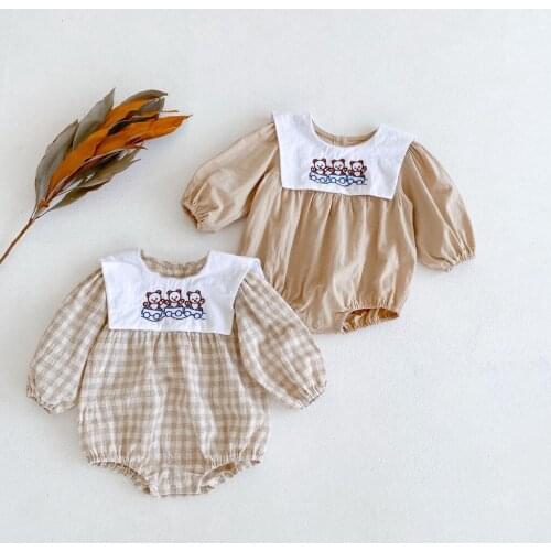 Autunm Baby Girls Bear Embroidered Long-sleeve Romper