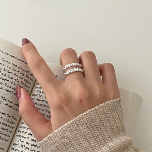 Authentic 925 Sterling Silver Jewelry Double Rows Irregular Texture Chain ring Adjustable C-J1658