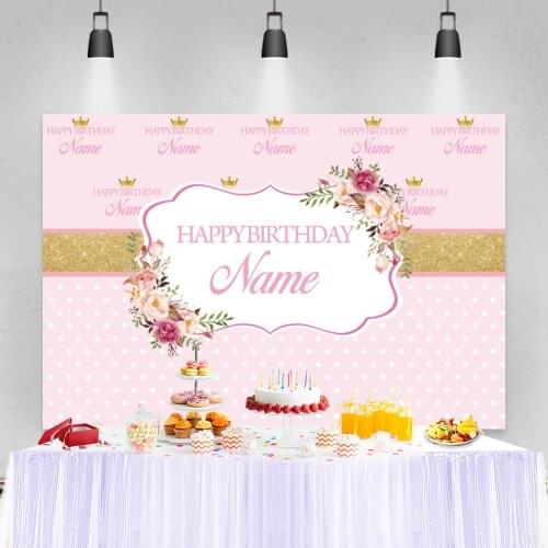 Pink Backdrops For Photography Dots Flowers Gold Crown Baby Birthday Baptism Customzied Banner Poster Photo Background Photocall