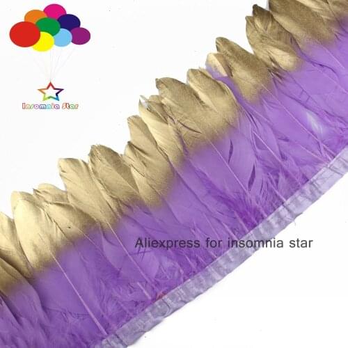 Lilac colored Goose feathers 2 Meter fringe paint gold tips Feathers Trims with Satin Ribbon Tape center ribbon