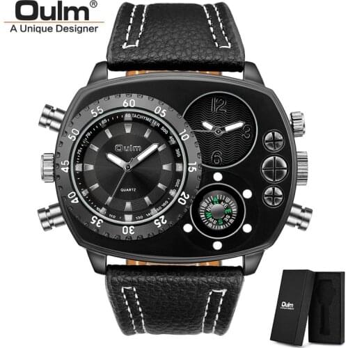 Oulm 9865 Big Size Sport Watches Men Genuine Leather Wristwatches Quartz Clock Decorative Compass Dropshipping Male Watch
